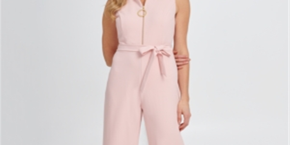 DKNY Women's Logo Zip Jumpsuit Pink- Size 12