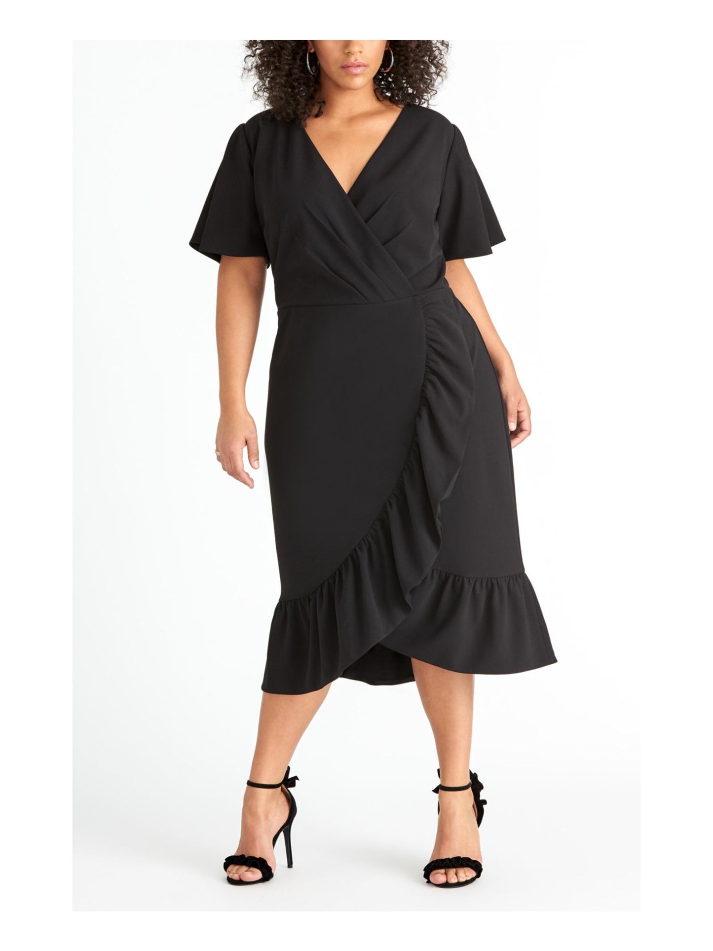 Rachel Roy Women's Ruffled Short Sleeve V Neck Tea Length Faux Wrap Wear to Work Dress Black Size 16W