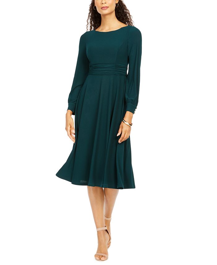Jessica Howard Women's Ruched Stretch MIDI Dress Green Size 8 Petite