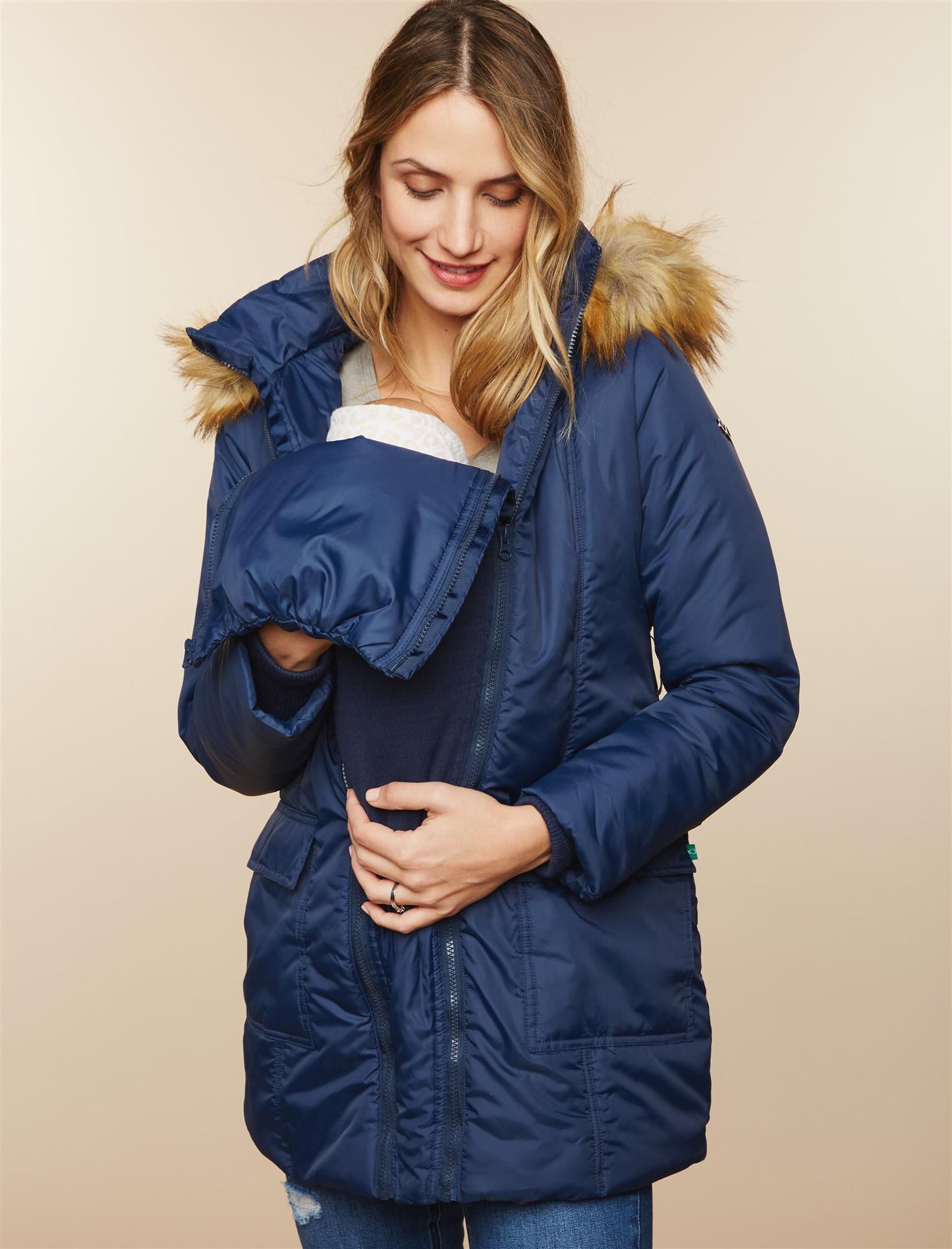 Motherhood Maternity Women's Modern Eternity 3 in 1 Belted Maternity Puffer Coat Navy Size Medium