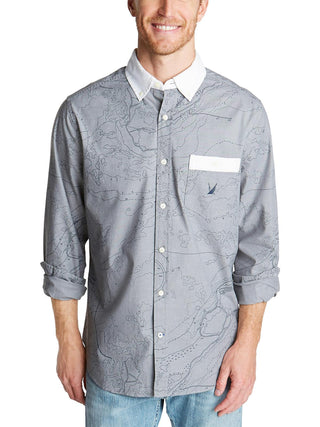 Nautica Men's Oxford Map Print Casual Shirt Gray Size Large