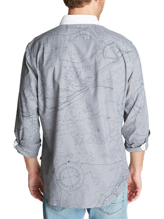Nautica Men's Oxford Map Print Casual Shirt Gray Size Large