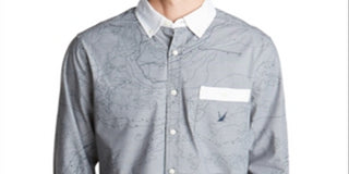 Nautica Men's Oxford Map Print Casual Shirt Gray Size Large