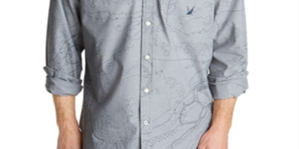 Nautica Men's Oxford Map Print Casual Shirt Gray Size Large