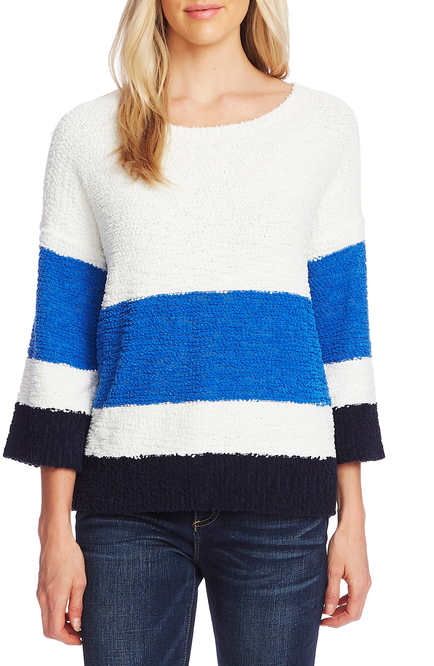 Vince Camuto Women's Colorblock Striped Crewneck Sweater Blue Size Small