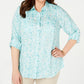 Charter Club Women's Plus Printed Button Front Roll Tab Sleeve Linen Top Blue Size 4X