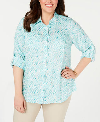 Charter Club Women's Plus Printed Button Front Roll Tab Sleeve Linen Top Blue Size 4X