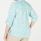 Charter Club Women's Plus Printed Button Front Roll Tab Sleeve Linen Top Blue Size 4X