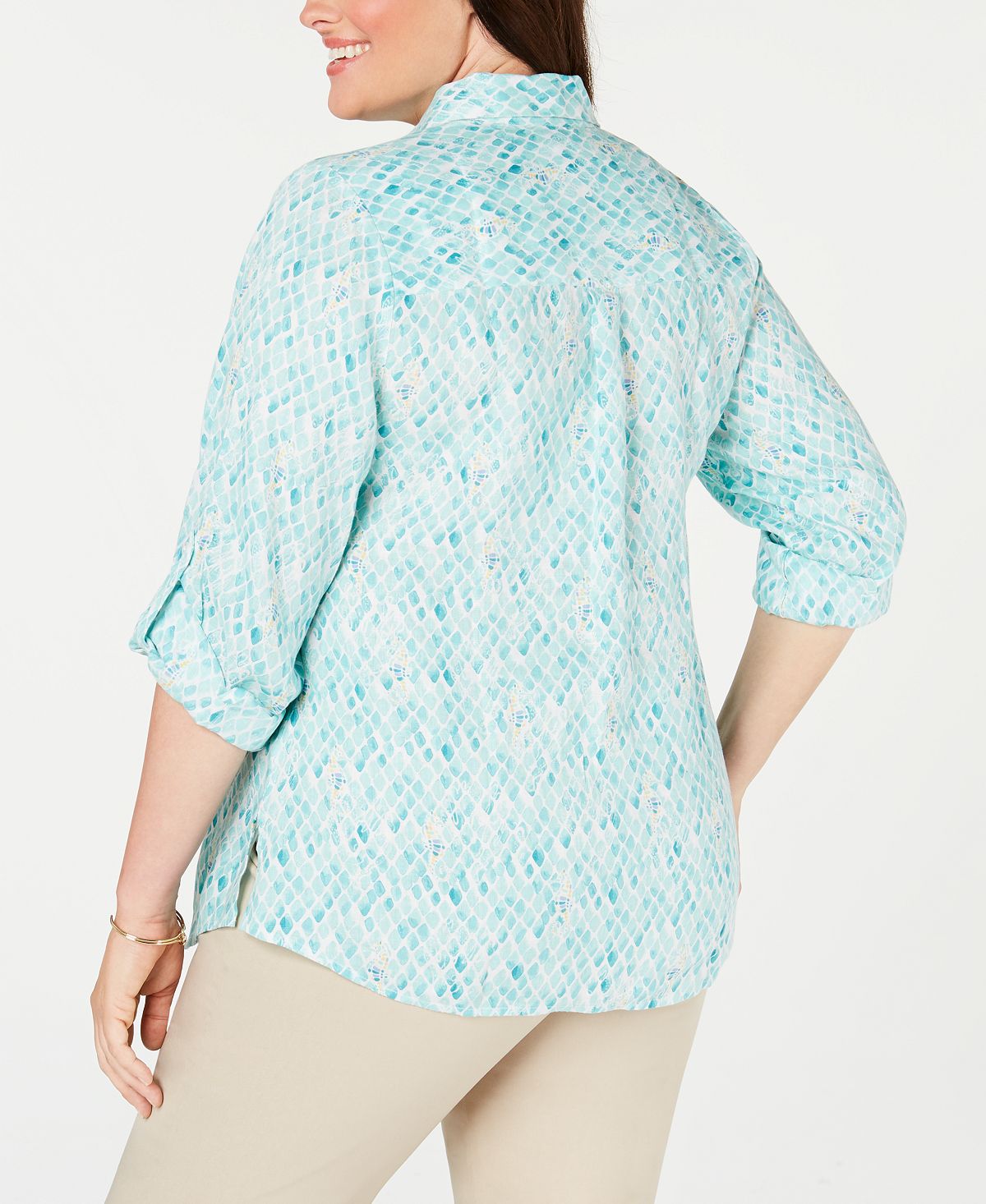Charter Club Women's Plus Printed Button Front Roll Tab Sleeve Linen Top Blue Size 4X