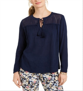 Charter Club Women's Tassel Tie Eyelet Linen Top Blue Size Small