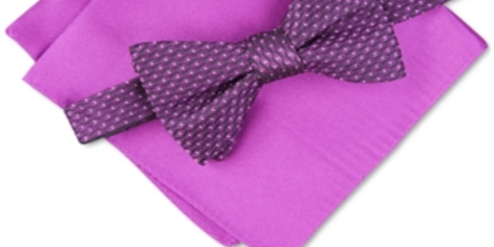 Alfani Men's Pocket Square Roy Geo Pt Solid Set Silk Bow Tie Pink Size Regular