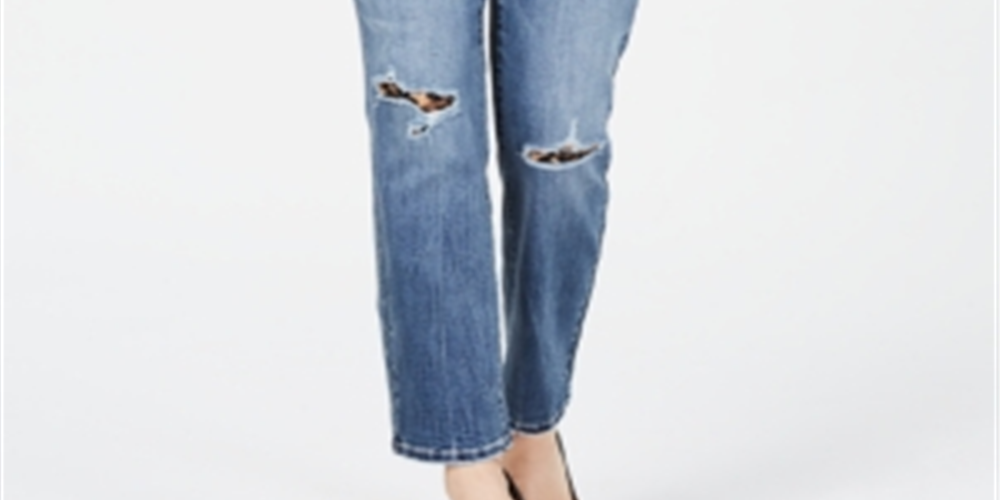 INC International Concepts Women's Destructed Animal Print Curvy Fit Boyfriend Jeans Blue Size 0