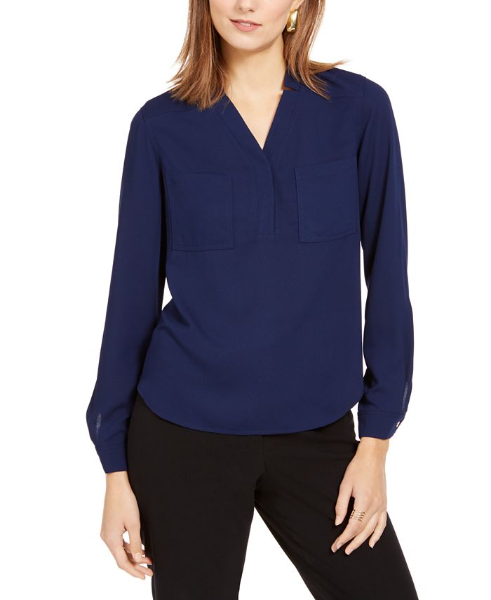 Nine West Women's Long Sleeve 2 Pocket V Neck Blouse Blue Size Large