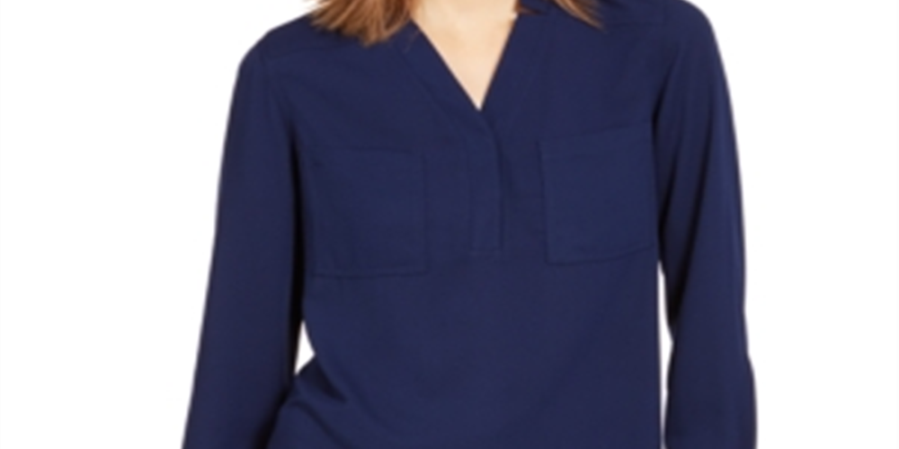 Nine West Women's Long Sleeve 2 Pocket V Neck Blouse Blue Size Large
