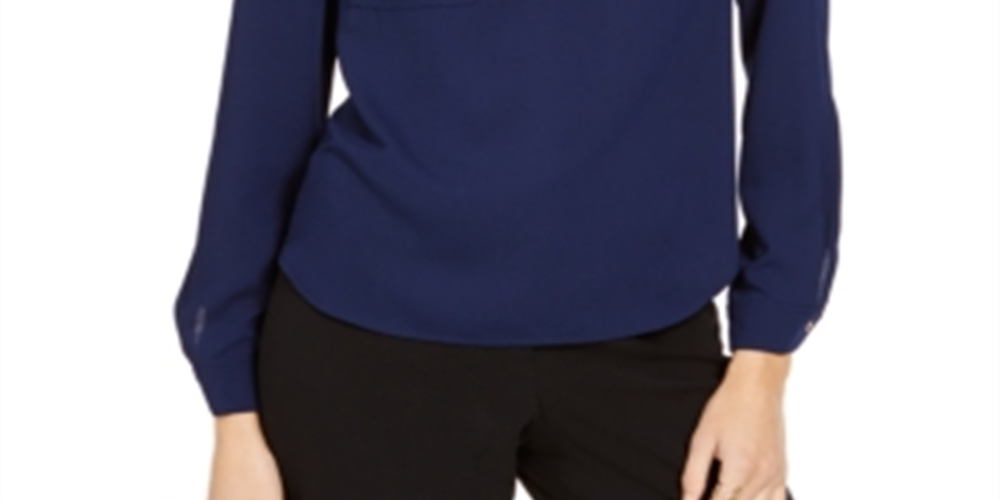 Nine West Women's Long Sleeve 2 Pocket V Neck Blouse Blue Size Large