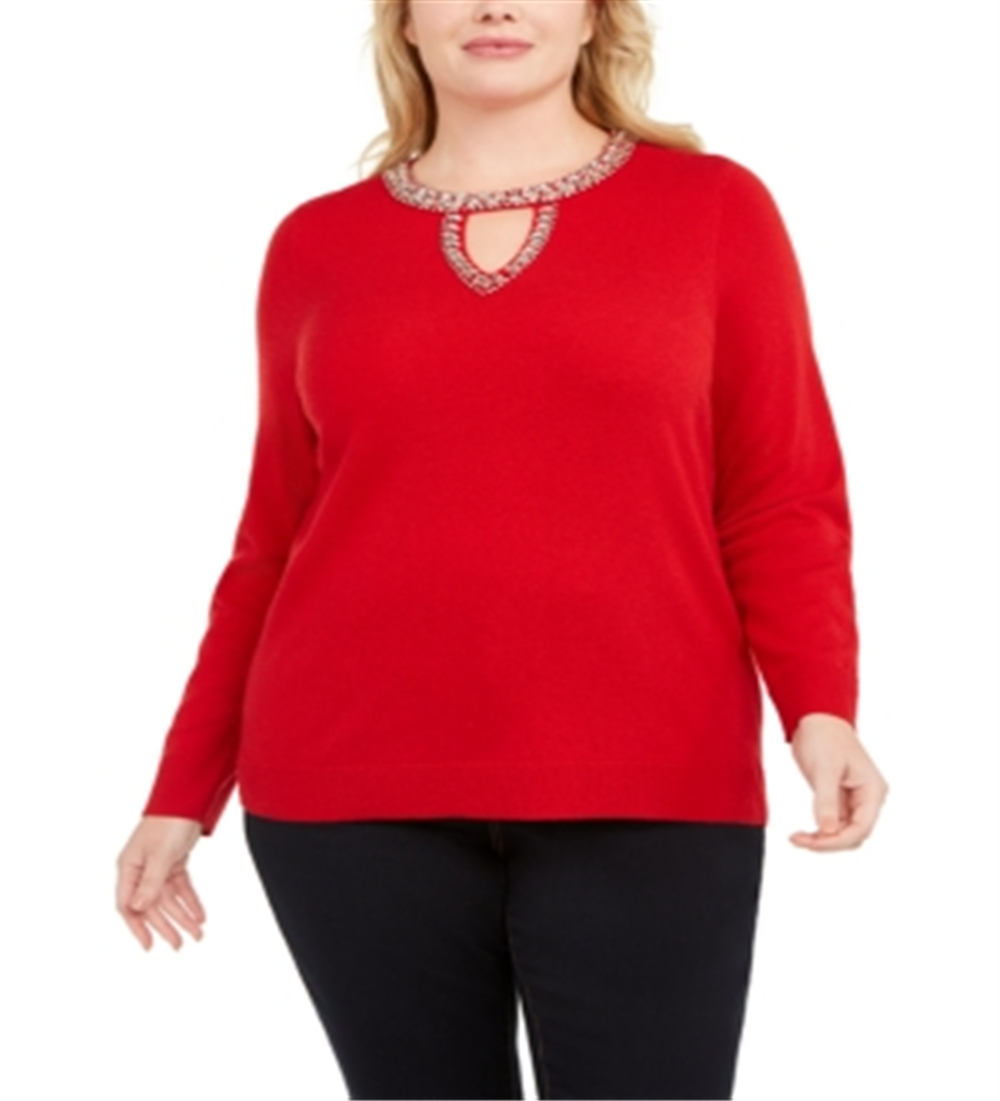 INC International Concepts Women's Embellished Keyhole Sweater Red Size 1X