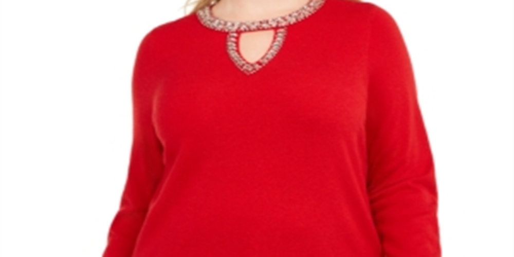INC International Concepts Women's Embellished Keyhole Sweater Red Size 1X