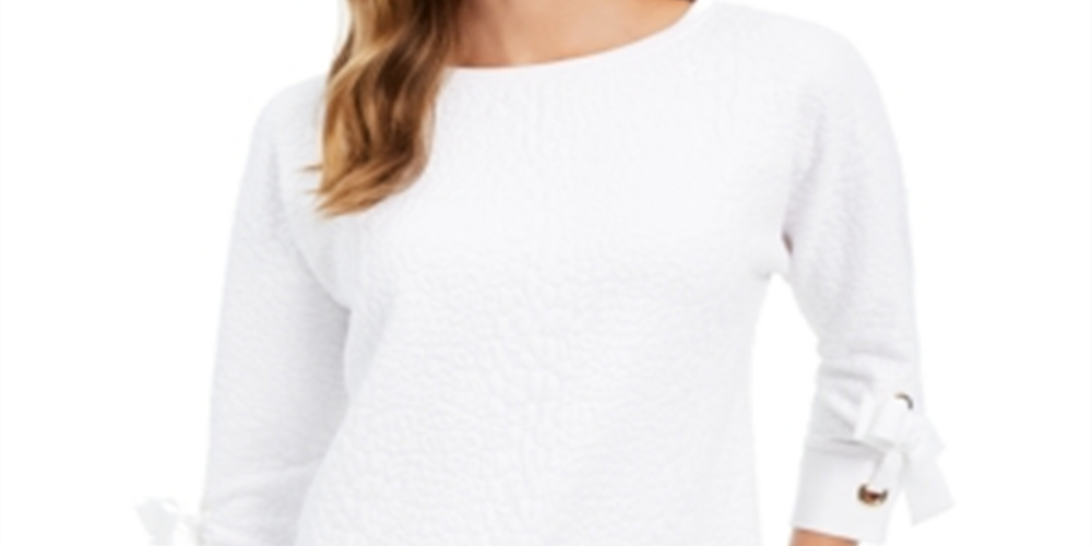 Charter Club Women's Jacquard Bow Cuff Top White Size Petite