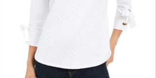 Charter Club Women's Jacquard Bow Cuff Top White Size Petite