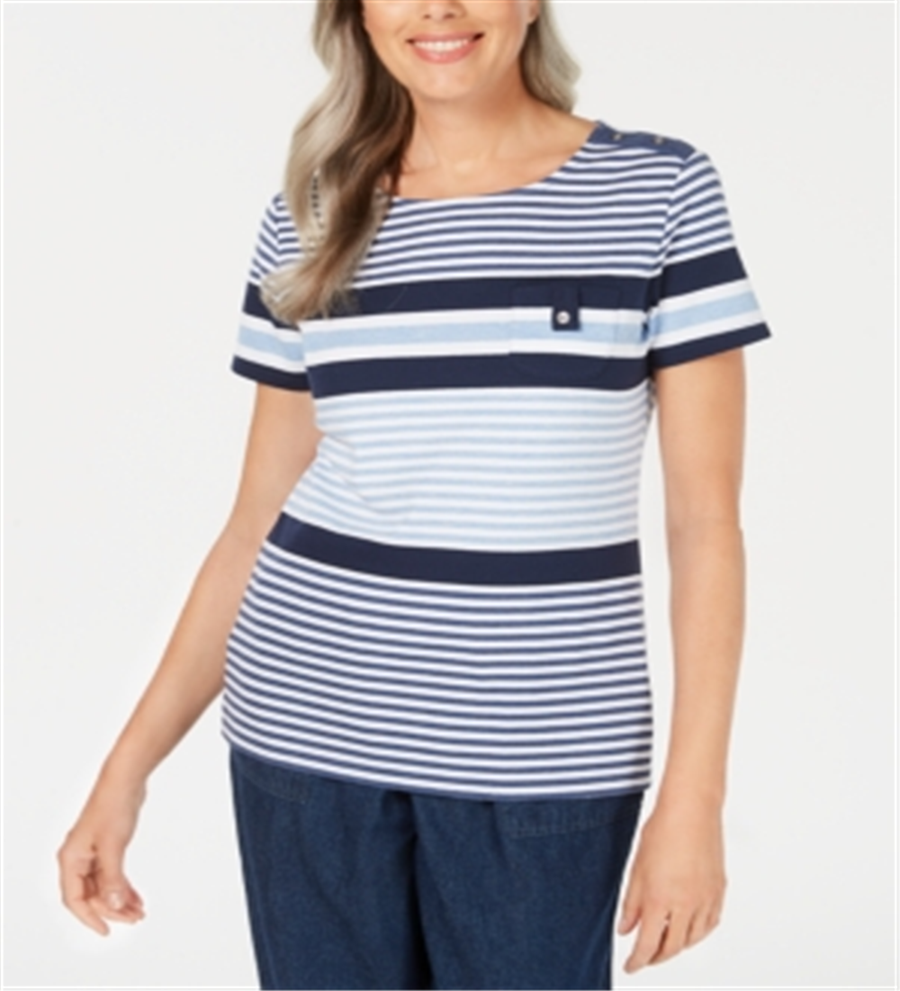 Karen Scott Women's Sport Danielle Striped Scoop Neck Top Blue Size Medium