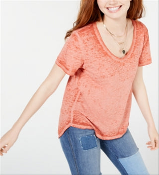 American Rag Women's V Neck Burnout Short Sleeve Top Orange Size Medium