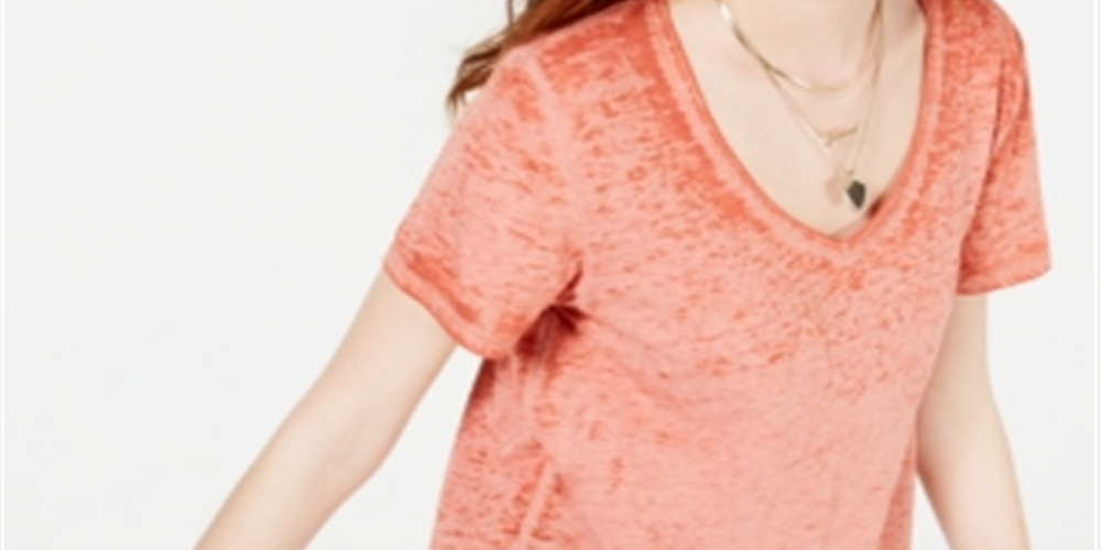 American Rag Women's V Neck Burnout Short Sleeve Top Orange Size Medium