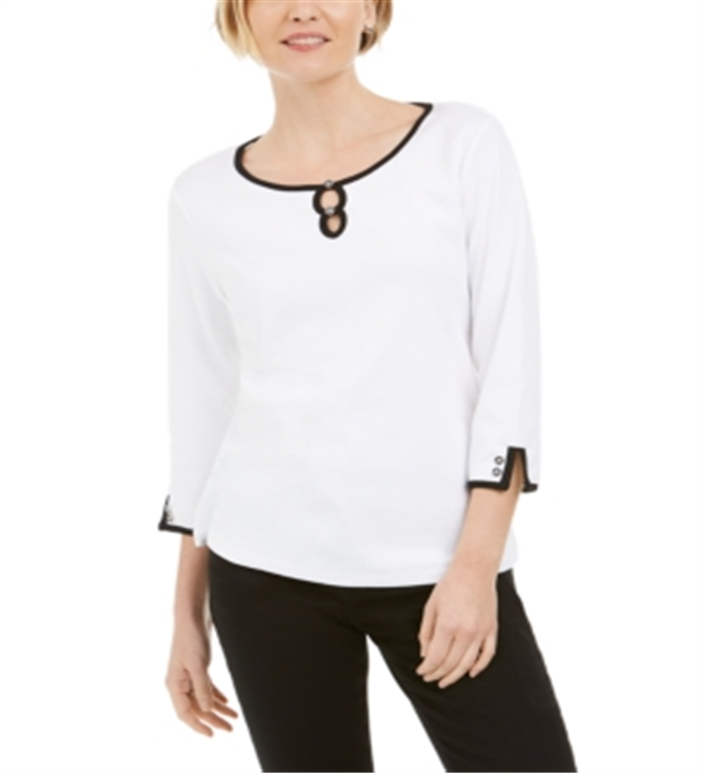 Karen Scott Women's Contrast Trim Cotton Top White Size Large