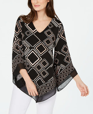Alfani Women's Mixed Print V Hem Top Diamond Print Black Size Petite