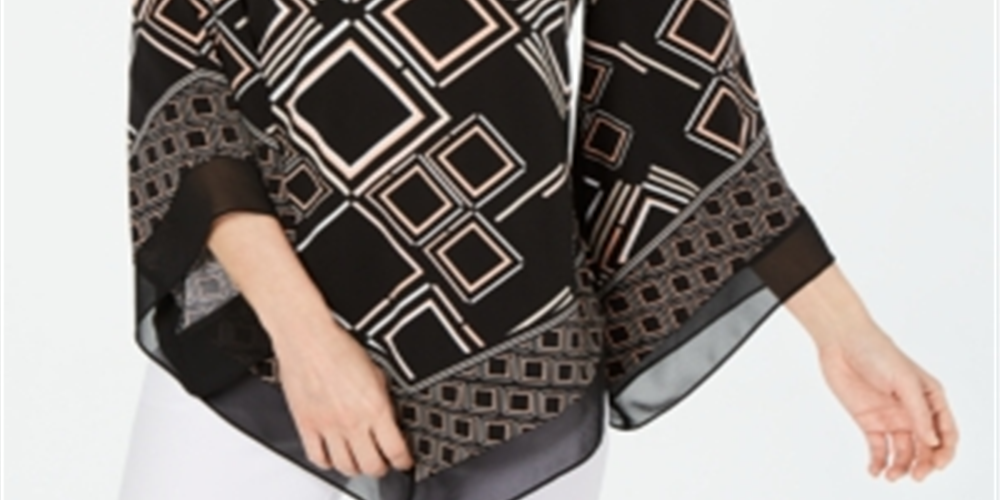 Alfani Women's Mixed Print V Hem Top Diamond Print Black Size Petite