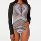 Bar III Women's Printed Long Sleeve Rash Guard Dress Black Size S