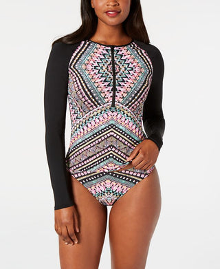 Bar III Women's Printed Long Sleeve Rash Guard Dress Black Size S