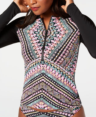 Bar III Women's Printed Long Sleeve Rash Guard Dress Black Size S