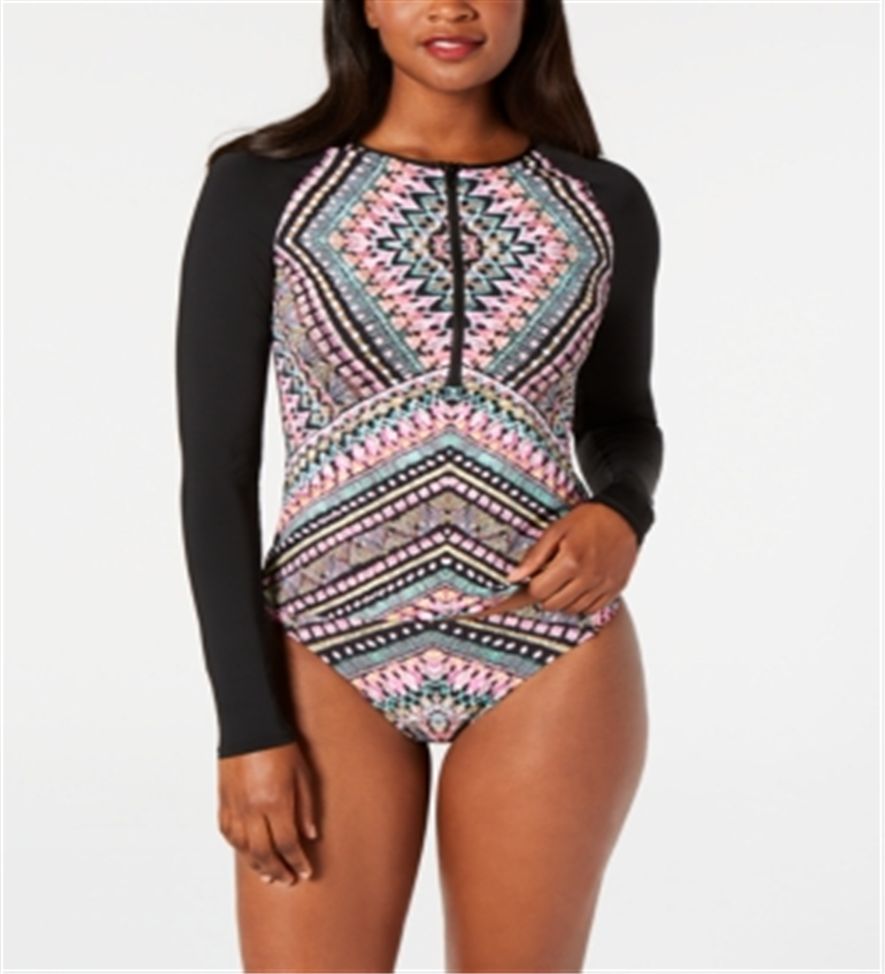 Bar III Women's Printed Long Sleeve Rash Guard Dress Black Size S