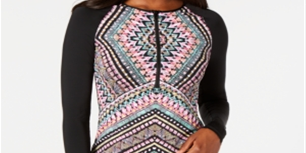 Bar III Women's Printed Long Sleeve Rash Guard Dress Black Size S