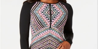 Bar III Women's Printed Long Sleeve Rash Guard Dress Black Size S