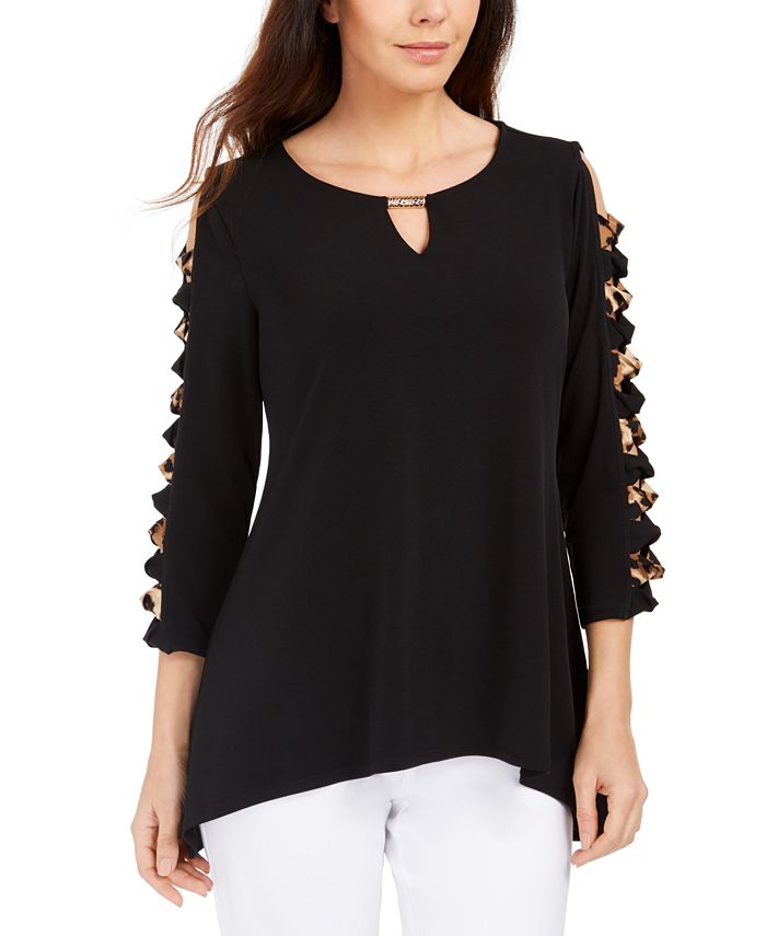 JM Collection Women's Handkerchief-Hem Ladder Sleeve Knit Top Black Size Small