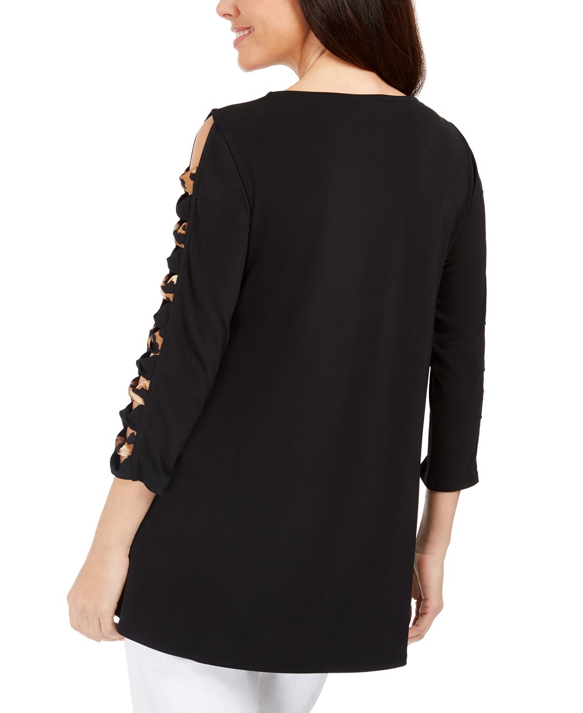 JM Collection Women's Handkerchief-Hem Ladder Sleeve Knit Top Black Size Small