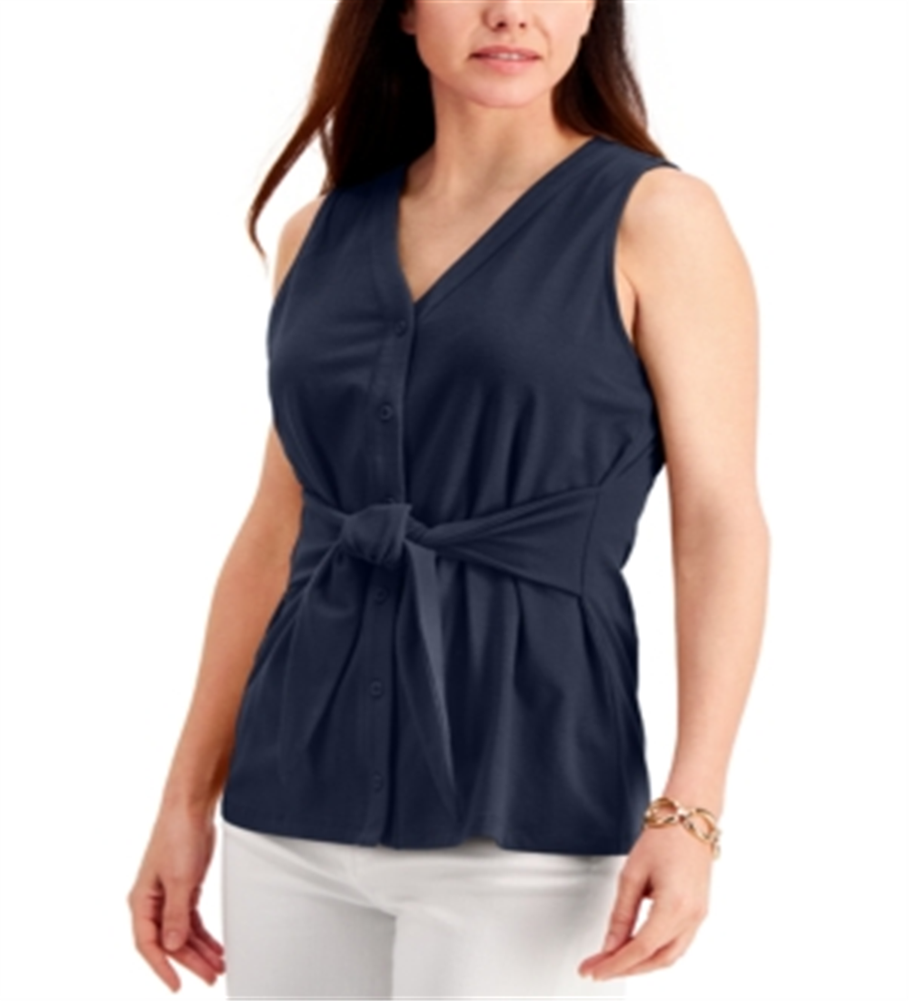 Charter Club Women's Tie Front Sleeveless Top Blue Size X-Large
