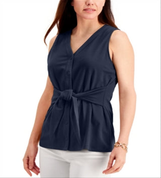 Charter Club Women's Tie Front Sleeveless Top Blue Size X-Large