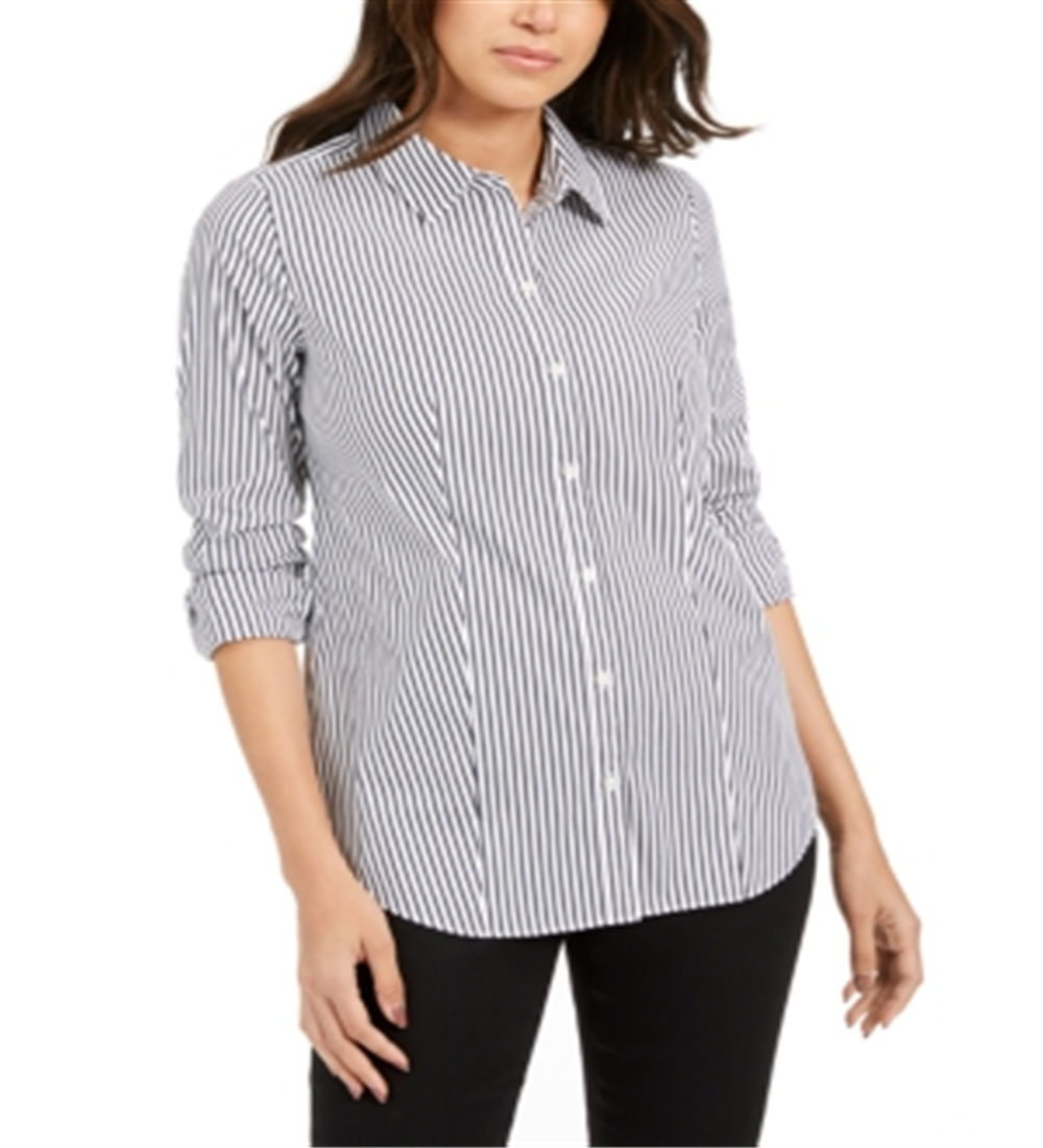 Charter Club Women's Striped Cuffed Collared Button up Wear to Work Top Black Size 4