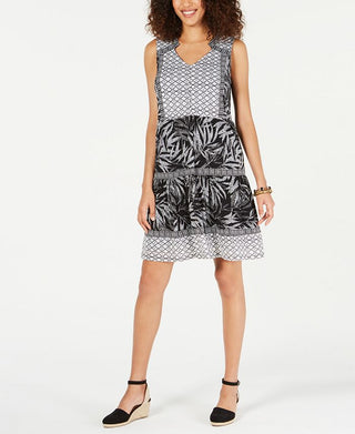 Style & Co Women's Mixed Print Sleeveless Peasant Dress Black Size Small