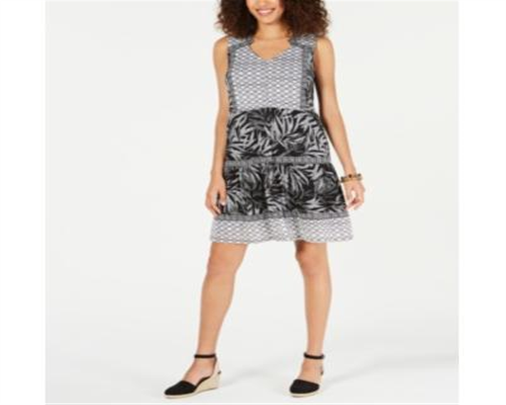 Style & Co Women's Mixed Print Sleeveless Peasant Dress Black Size Small