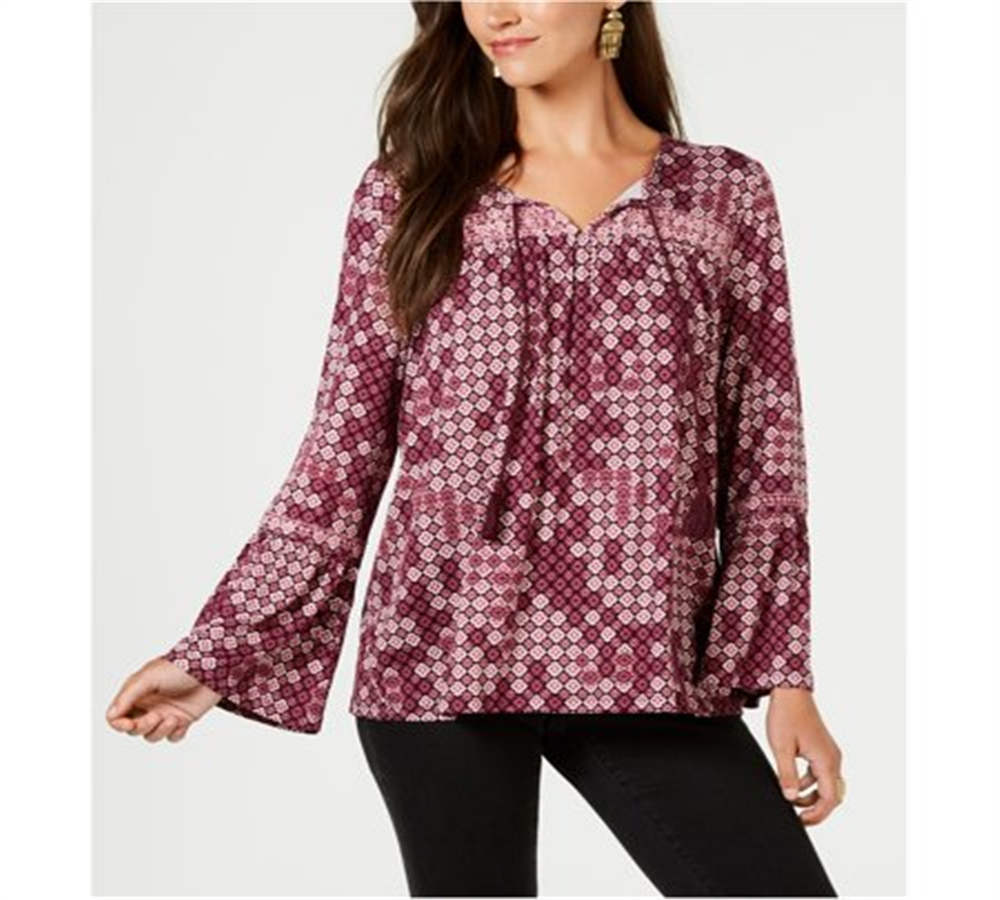 Style & Co Women's Tassel Peasant Blouse Purple Size Petite X-Large
