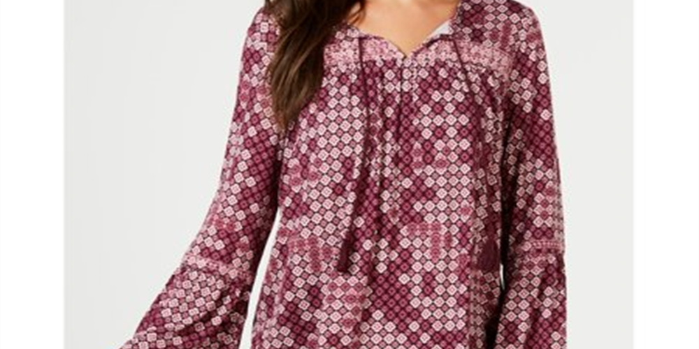 Style & Co Women's Tassel Peasant Blouse Purple Size Petite X-Large