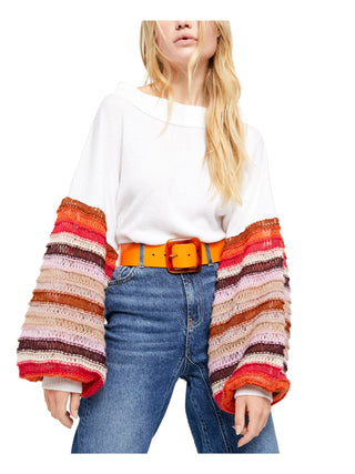 Free People Women's Striped Bell Sleeve Jewel Neck Top White Size X-Small