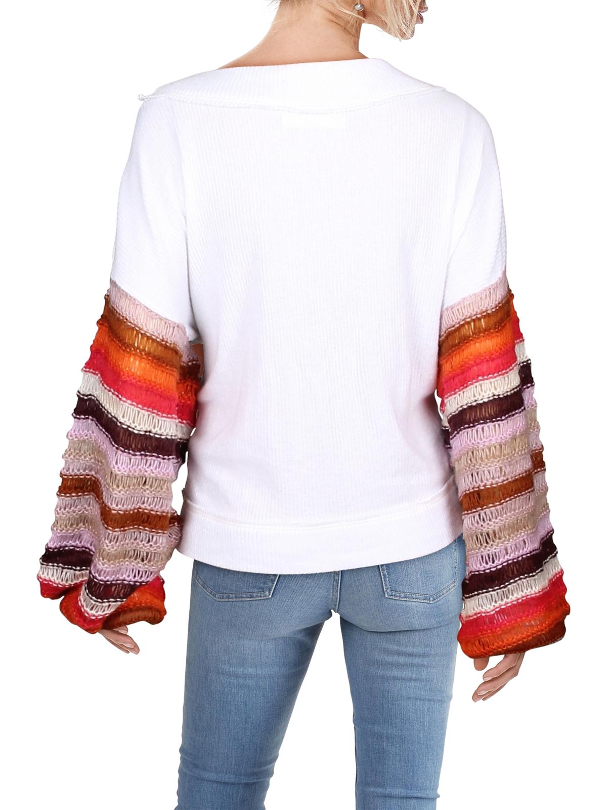 Free People Women's Striped Bell Sleeve Jewel Neck Top White Size X-Small