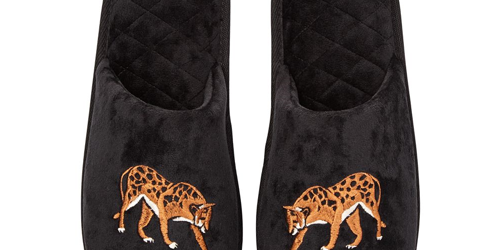 INC International Concepts Women's Placed Leo Microvelour Slippers Black Size L