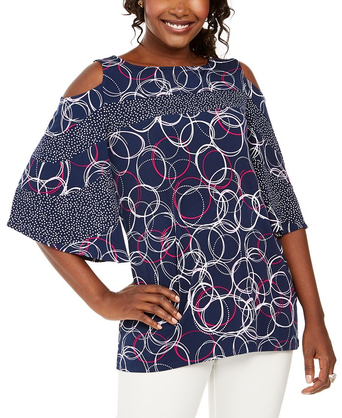 JM Collection Women's Mixed Print Cold-Shoulder Tunic Blue Size X-Large