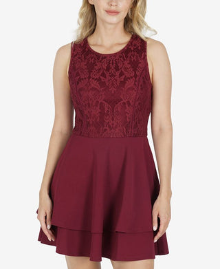 Speechless Women's Embroidered Zippered Sleeveless Jewel Neck Short Ruffled Dress Red Size Medium