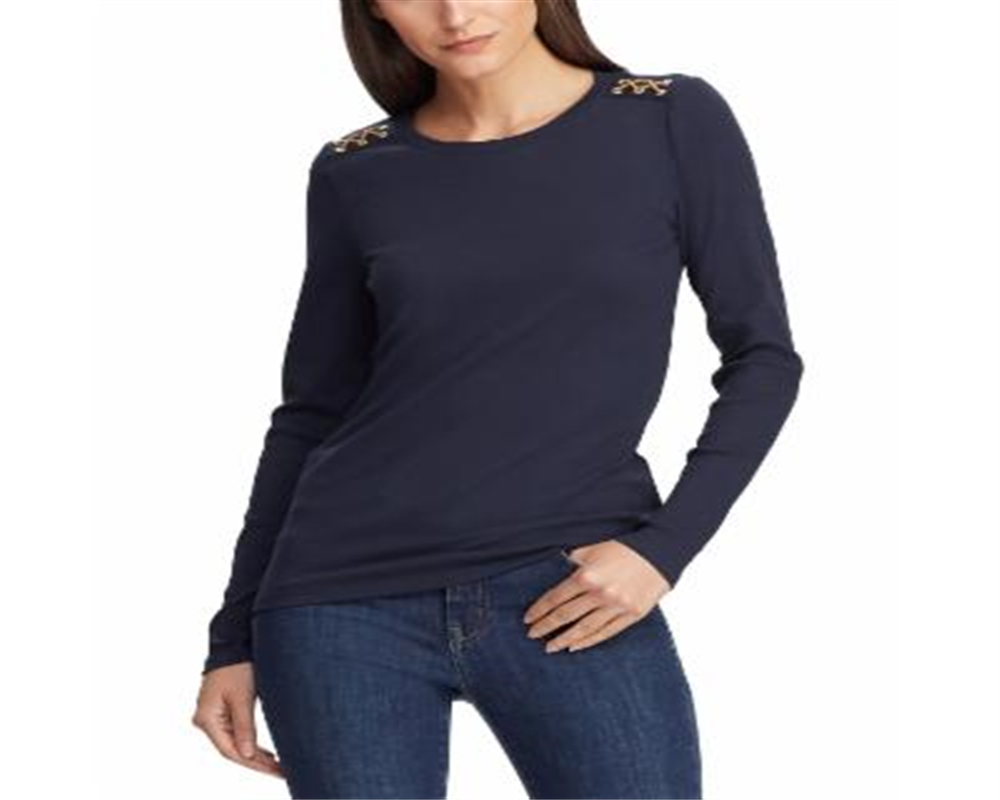 Ralph Lauren Women's Suede Detail Waffle Knit Top Purple Size Petite M